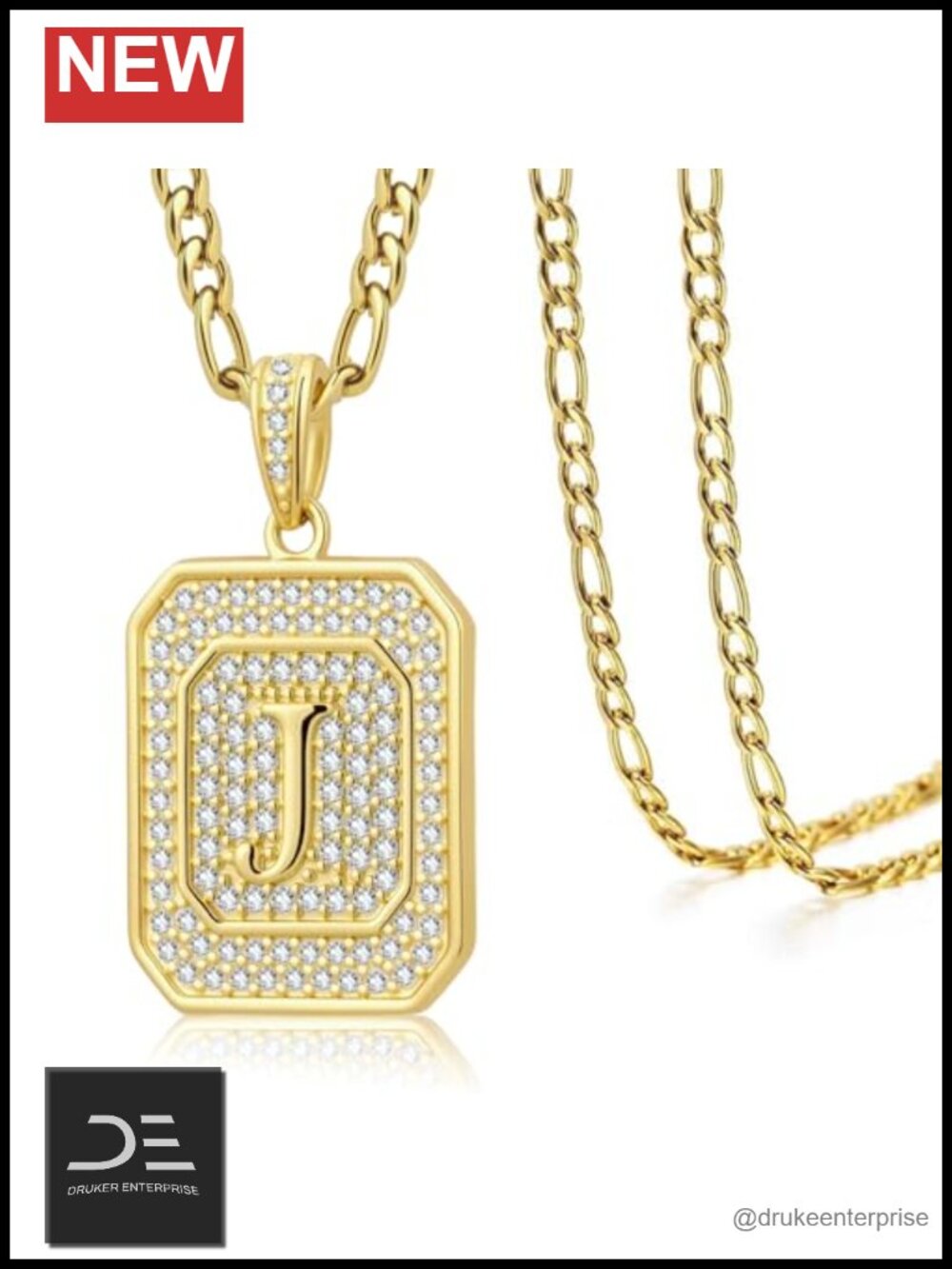14K Gold Plated Initial Necklace with Cubic Zirconia, Square Pendant, Figaro